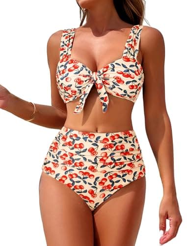 ZAFUL High Waisted Bikini Sets for Women Swim Suits 2026 Tummy Control Ruched Bikini Two Piece Bathing Suit Swimwear Cherry Medium - Image 1