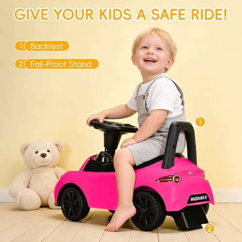 HEIMILI Mazda Licensed Kids Push Car, Toddler Ride On Toy with Anti-Slip Wheels & Safety Bumper Guards, Foot to Floor Toy for Indoor & Outdoor (Pink) - Thumbnail 2