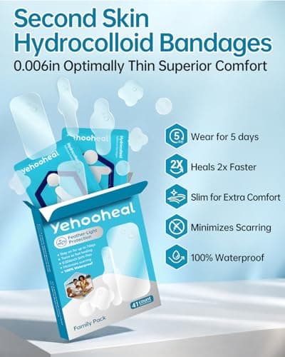 Hydrocolloid Bandages 0.006in Optimally Thin Second Skin 5 Day Protect Waterproof Faster Healing Less Scarring Individually Wrapped,for Body Cuts Scrapes Burns First Aid,10 Count(1.1in*2.72in) - Thumbnail 2