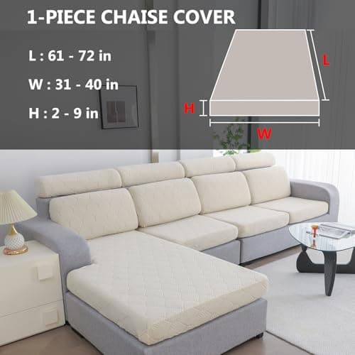 Genina 100% Waterproof Couch Cushion Covers for Pets - L Shape Chaise Lounge Cover Stretch Seat Chaise Couch Cover Jacquard Non Slip Sectional Couch Covers Sofa Slipcovers Washable (1 Piece, Ivory) - Thumbnail 2