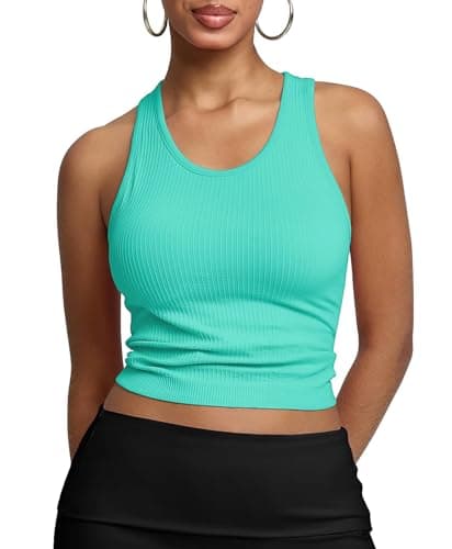 BRXL Women's Ribbed Racerback Tank Tops with Built-in Bra U Neck Sleeveless Fitted Casual Athletic Workout Gym Top Mint Green 3XL - Image 1
