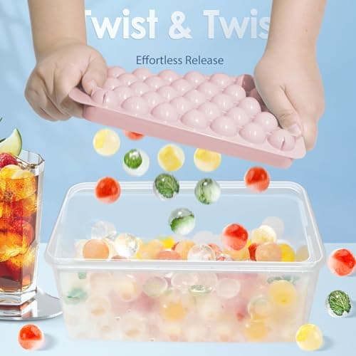 WIBIMEN Ice Cube Tray with Lid and Bin - Round Ice Trays for Freezer with Lid - Ice Cube Trays for Freezer with Ice Container (1"-2PACK Pink) - Thumbnail 2