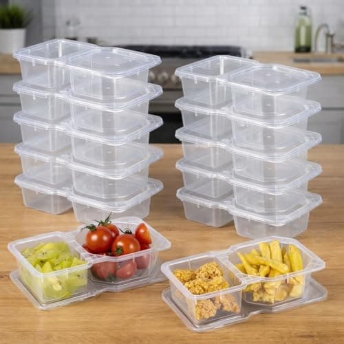 Sxueg Snack Containers with Lids, Disposable 8 oz Small Plastic Snack Boxes 2 Compartments for Portion Control and Meal Prep Lunch Food Sauce Containers for On-the-Go Meal, Camping, Travel, 24 Sets