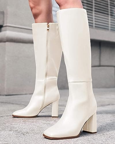 Coutgo Womens Wide Calf Knee High Boots Chunky High Heel Square Toe Fashion Leather Shoes with Side Zipper,White,Size 10 - Thumbnail 3