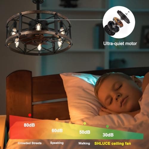 SHLUCE 19" Farmhouse Fandelier Ceiling Fan with Light, Caged Bladeless Ceiling Fans with Lights and Remote, Modern Small Enclosed Ceiling Fans with Lights for Living Room, Bedroom, Black - ETL - Thumbnail 5