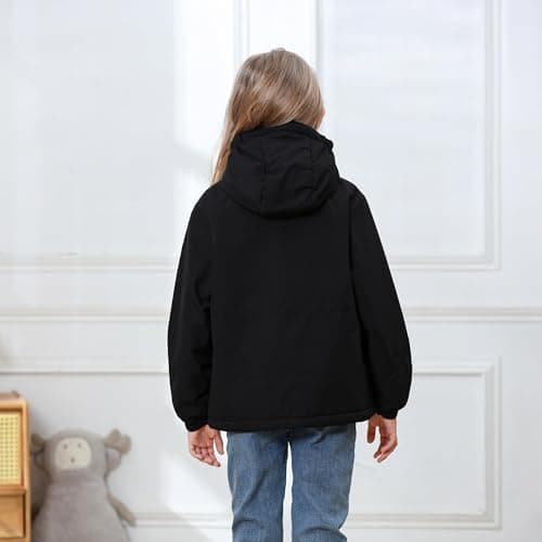 Girls' Waterproof Winter Ski Jacket – Warm Fleece Lined Windproof Snow Coat with Hood for Outdoor Adventure Black 11-12 - Thumbnail 6