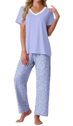 PrinStory Pajamas for Women Set Soft Pjs 2 Piece Pajama Sets Casual Pj Short Sleeve Lounge set with Pockets Spot Blue-2XL