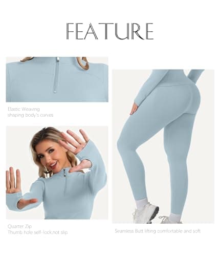 YOAKUKA Womens 2 Piece Workout Sets Quarter Zip Pullover High Waist Butt Lifting Leggings Seamless Yoga Outfits Gym Sets - Thumbnail 3