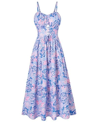 GRACE KARIN 2026 Women's Spaghetti Vacation Sundress Summer Beach Flowy Boho Floral Maxi Dresses with Pockets Purple Blue Floral S - Image 1