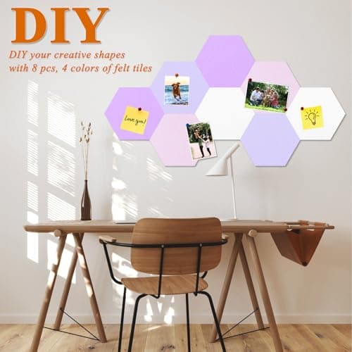 HULAVO 8 Pcs Hexagon Felt Cork Bulletin Board Tiles, Self Adhesive DIY Bulletin Board Pin Board for Office School Home Wall Decor Memos Photos Display(Purple & Pink) - Thumbnail 3