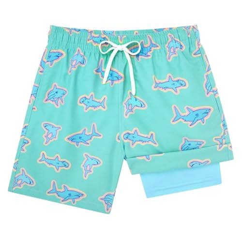 Cozople Boys Swim Trunk with Boxer Brief Liner Swimsuit Compression Swimming Shorts Shark Pineapple Bathing Suits Green Anti Chafe Swimwear Size 14-16 - Image 1