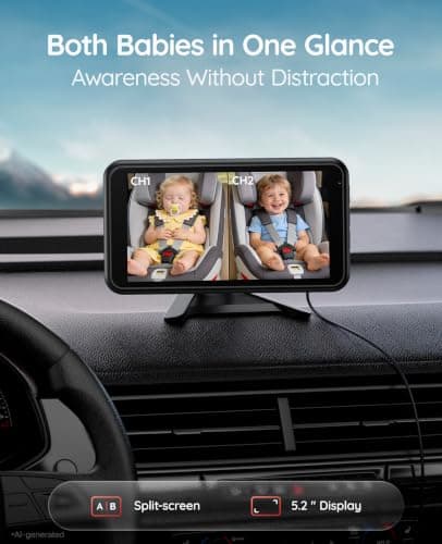 Babyvue BV6PRO Wireless Dual Car Camera Baby Monitor Fast Setup, HD1080P Spilt-Screen Baby Car Monitor for 2 Kids, Auto IR Night Vision Backseat Camera for Newborns Gift - Thumbnail 4