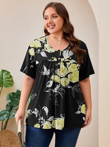 AusLook Plus Size Floral Tunic Tops for Women Pleated Babydoll Blouse Short Sleeve Round Neck Loose Fit Casual Flowy Black Golden Floral 2X Tunic Shirts Summer Tops to Wear with Leggings - Thumbnail 2