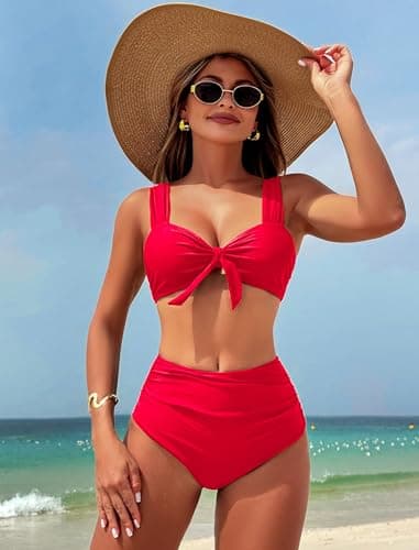 ZAFUL Swim Suits for Women 2026 Ruched Tummy Control Two Piece Swimsuit Tie Knot High Waisted Bikini Sets for Women Red S - Thumbnail 2