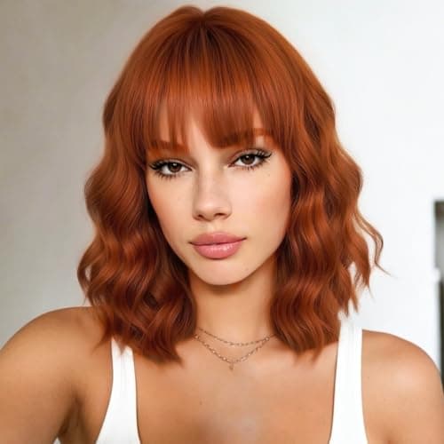 Beautier Ash Auburn Short Wavy Bob Wig with Bangs Shoulder Length Curly Wigs for Women Synthetic Hair Natural Looking Hair Replacement Wigs for Daily Party Use (14 Inch) - Image 1