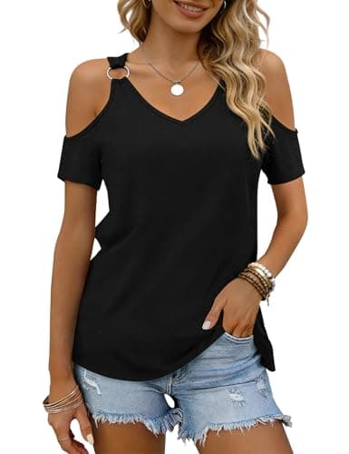 BOHOWE Trendy 2026 Women's Cold Shoulder V Neck Tops Short Sleeve Basic Summer T-Shirts Black - Image 1