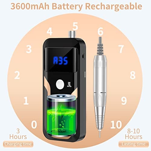 Portable Nail Drill Professional 35000 RPM, MOCOWIND Rechargeable Electric Nail File Machine E File for Acrylic Gel Polishing Removing, Cordless E-File with Bits Kit for Manicure Salon Home, Black - Thumbnail 5