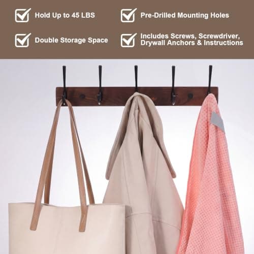 Dntorx Wall Mounted Coat Rack with 5 Hooks, 15.8 in Wooden Coat Hook Rust-Resistant Wall Hooks for Hanging Coat Bag Key Purse Towel Hook Rack for Entryway, Mudroom, Bedroom, Livingroom - Thumbnail 3