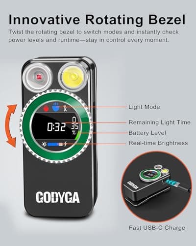 Godyga 2-in-1 Small Flashlight with White & Red Light, Golf Score Counter, 500 Lumens IPX6 Waterproof Rechargeable Magnetic Clip-on Light with Smart Screen for Golf, Camping, Cycling, Emergency - Thumbnail 4