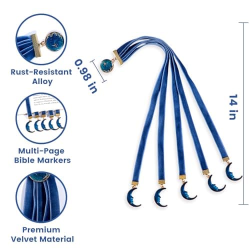 bibiage Velvet Bible Ribbon Bookmark, 5 Multi-Page Bible Bookmarks for Women & Men, 14 inch Ribbon Bookmark for Bible Study, Elegant Christian Gift with Moon Star Pendants, Blue - Thumbnail 2