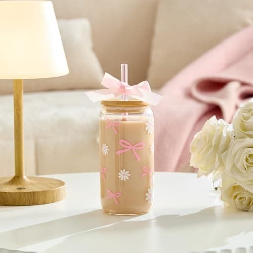 Celebloom Coquette Pink Bow Daisy Glass Cup with Lids and Straws, Girly Preppy Design Tumbler Mug, Birthday Valentines Christmas Gifts for Teen Girl Women Girlfriends, Teen Girl Gifts Trendy Stuff - Thumbnail 4