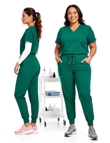 VECARDI Women's Scrub Jogger Pants High Waisted Stretch Nurse Work Bottoms 5 Pockets Elastic Waist Slim Fit Hunter Green - Thumbnail 4
