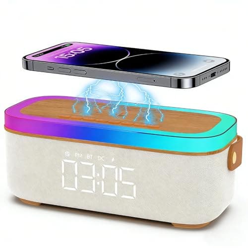 PLUWEL 4-in-1 Bluetooth Alarm Clock for Bedroom Heavy Sleepers, 15W Wireless Charging Station with Sync Phone, Portable Bluetooth Speaker, Ambient Night Light, Trendy Room Decor Gift - Image 1