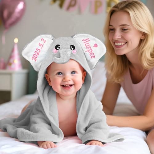 Individz Custom Hooded Bath Towel with Name, Personalized Highly Absorbent Elephant Towels, Baby Bath Towels for Girls Boys, Christmas Brithday for Baby, Toddler, Newborn (Grey) - Thumbnail 2