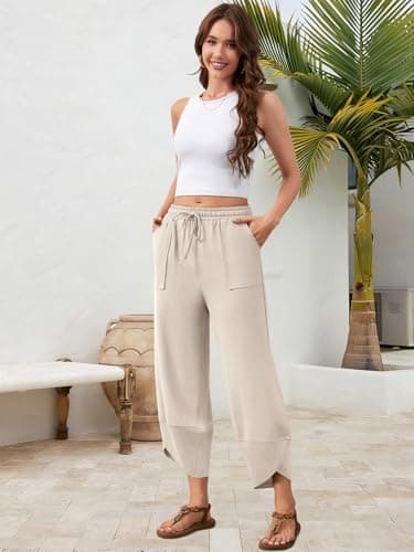 Jiflora Womens Cotton Linen Summer Palazzo Pants Drawstring Elastic Waist Trousers with Pockets Beach Pants Apricot XXL - Thumbnail 5