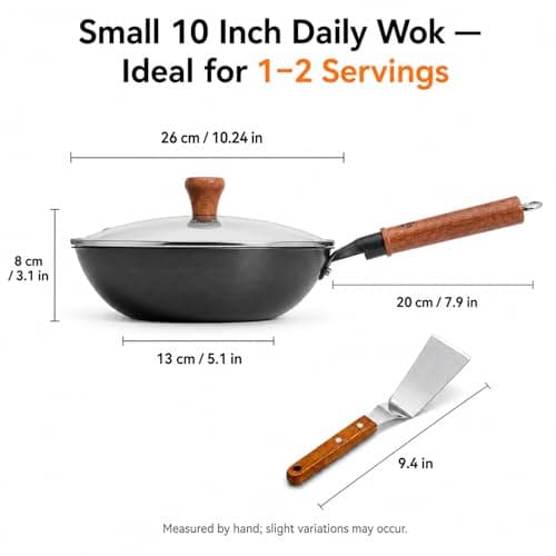 WANGYUANJI Carbon Steel Wok Pan - 10 Inch Nitrided Rust Resistant Stir Fry Pan, Flat Bottom Deep Iron Skillet with Lid, Lightweight Induction Cookware for 1-2 People, No Chemical Coating (26cm) - Thumbnail 2