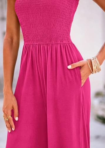 KIRUNDO Womens Overalls Dressy Casual Wide Leg Sleeveless One Piece Smocked Jumpsuits for Women Rose Red Wide Strap Long Pant Rompers Travel Outfits(Rose Red, Small) - Thumbnail 5
