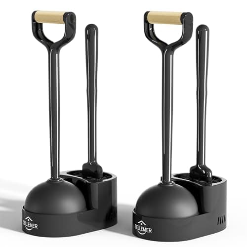 Sellemer Toilet Brush and Plunger Set, Curved Design Head for Deep Cleaning, Heavy Duty Toilet Bowl Brush and Plunger Combo with Holder for Bathroom Cleaning, Black, 2 Pack