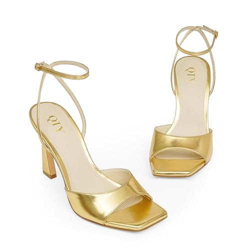 QIY Women Gold Heels Strappy High Heel Stilettos Open Square Toe Heels 3 Inch Ankle Strap Heel Gold Heeled Sandals Dress Wedding Shoes Size 8 - Thumbnail 6