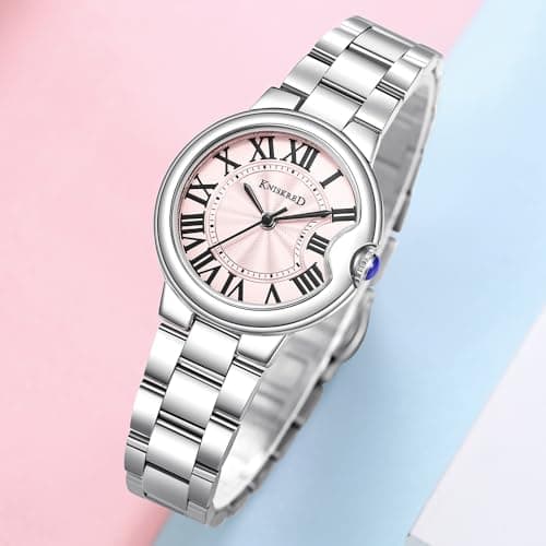 KNISKRED Classic Watch for Women with Vintage Roman Numerals and Solid Stainless Steel Band Ladies Casual Watch (Silver Pink) - Thumbnail 3