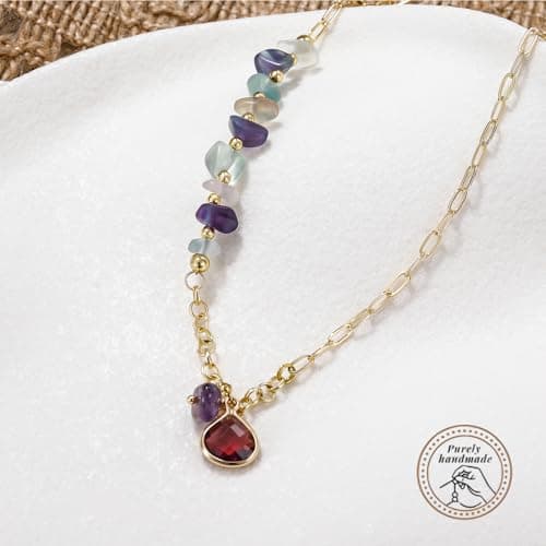 POMODA Crystal Paperclip Pendant Necklace for Women Gemstone Healing Necklaces for Women Natural Stone 14K Gold Plated Charm Boho Summer Jewelry Trendy Fashion Travel Colorful - Thumbnail 3
