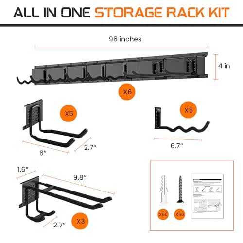 Evalote "96 Garage Tool Organizer Wall Mount - Heavy Duty 1020 lbs Metal Storage Rack, Easy Install Adjustable Hooks for Garden Tools Brooms - Thumbnail 5