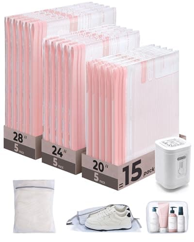 BAGSMART Vacuum Bags for Travel with Rechargeable Air Pump, Portable Space Saver Bags for Travel & Home, Vacuum Compression Seal Bag for Clothing, 18 Pack Pink with Shoe, Laundry & Toiletry Bags - Image 1