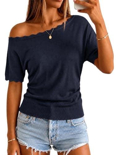 MONORA Off The Shoulder Tops for Women Short Sleeve Sweater Boat Neck One Shoulder Knit Pullover Lightweight Cinched Waist Fitted Going Out Shirts Spring Summer Navy Blue - Image 1