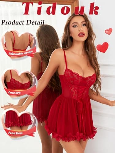 Tidouk Babydoll Lingerie for Women Sexy Lace Lingerie Dress A-line Petal Hem Nighty Push up Lingerie(Red,Small) - Thumbnail 4