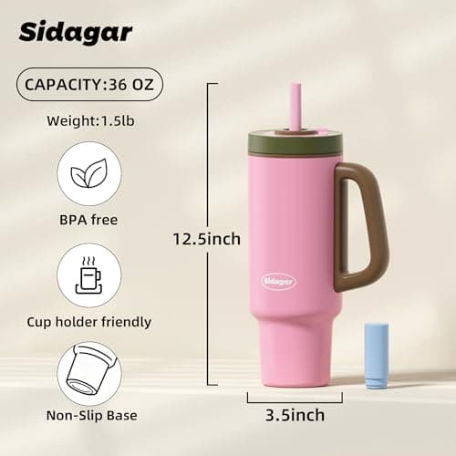 Sidagar Tumbler with Handle,36 oz Ceramic Lined Travel Mug Water Bottle with Straw,Vacuum Insulated Stainless Steel Cup with Lid,Fits Cup Holder, Leak Resistant Press-in Lid,Pink - Thumbnail 6