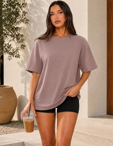 MAPICK 4 Pack Oversized Tshirts for Women Crew Neck Loose Fit Summer Baggy Tops Workout Tees Plus Size Clothes(1 Mushroom 1 Light Grey 1 Apricot 1 Black,3X-Large) - Thumbnail 6