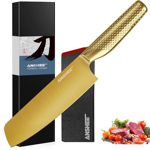 ANSHEE 7 Inch Japanese Santoku Knife High Carbon Stainless Steel Gold-Colored ProfessionalChef Knife,Multipurpose Kitchen Blade Ultra Sharp with Sheath/Gift Box for Meat,Veggies,Fruits Home&Restaurant - Image 1
