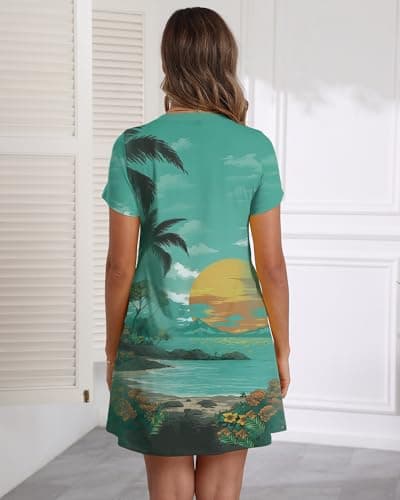 COSSEN Women's Casual T Shirt Dress Green Trees Medium V-Neck Short Sleeves Swing Dresses Birthday Party Summer Travel Beach with Pocket - Thumbnail 2