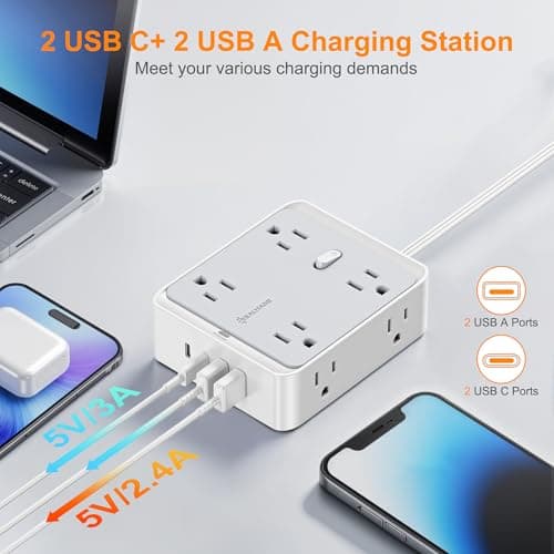 Surge Protector Power Strip, REALMADE 8 AC 4 UAB Power Strip with 950J Surge Protection, Flat Plug Outlet Extender, 10Ft Extension Cord, Wall Mount Desk Charging for Home Office， Gray & White - Thumbnail 5