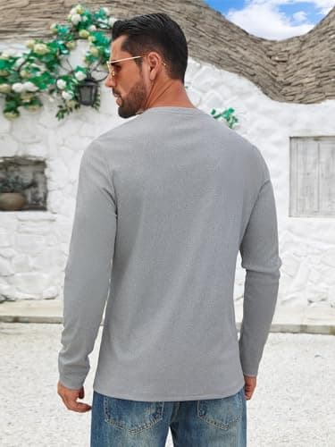 Hardaddy Men's V Neck Long Sleeve Ribbed Casual T-Shirt Solid Tee Shirts Light Gray XL - Thumbnail 5