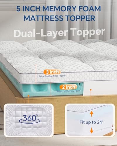 BEDELITE Dual Layer 5 Inch King Size Memory Foam Mattress Topper, 3 Inch Soft Pillow Top Mattress Pad Cover and 2 Inch Gel Memory Foam for Pressure Relief, 2-in-1 Design for Comfort & Support (White) - Thumbnail 6