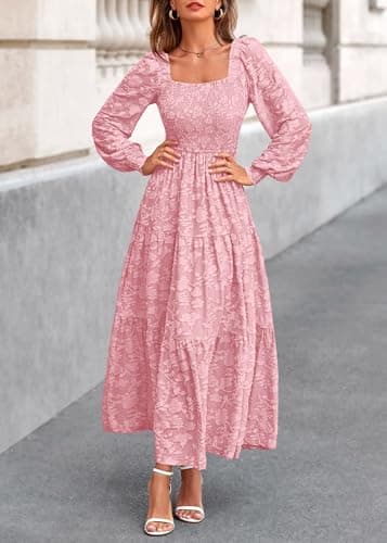 KIRUNDO Wedding Guest Dresses for Women 2026 Fall Long Sleeve Smocked Floral Flowy Spring Baby Shower Maxi Dress Pockets (Pink, XX-Large) - Thumbnail 4