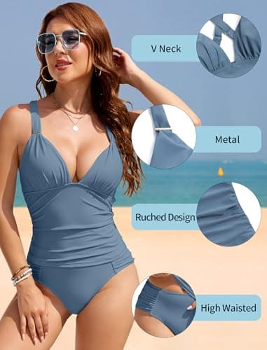 ZAFUL Tankini Swimsuits for Women Tummy Control Bathing Suits Two Piece Swimwear with Ruched Shorts Blue L - Thumbnail 4