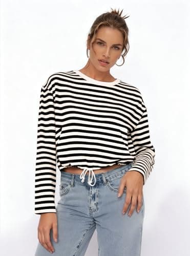 MONCCIZA Womens Long Sleeve Sweatshirt Oversized Striped Crewneck Pullover Going Out Crop Tops Casual Outfits Black - Thumbnail 5