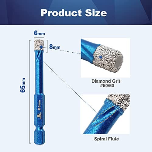 Diamond Drill Bit 6mm,BRSCHNITT 3pcs/Pack 1/4 Inch Diamond Hole Saw Drill Bit for Porcelain Tile Ceramic Stone Granite Marble,Hex Shank Dry Drilling Diamond Core Drill Bit Set - Thumbnail 2